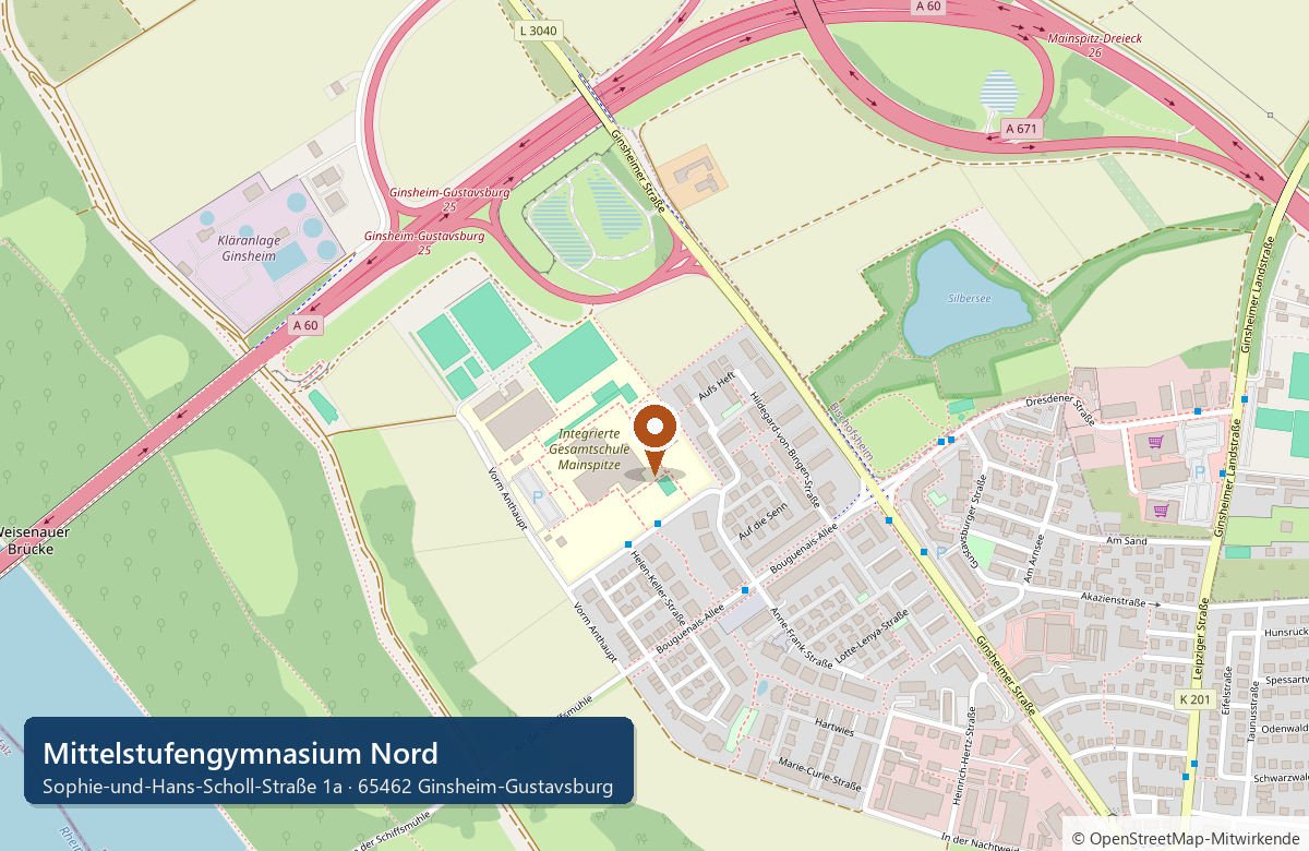 Kartenausschnitt: Das Mittelstufengymnasium Nord auf dem Campus der IGS Mainspitze in Ginsheim-Gustavsburg